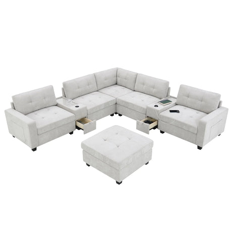 Sectional With Acrylic Table Top U Shaped Couch Set With 2 Consoles USB Charger, Storage Drawers And Pockets Movable Ottoman Tufted Sofa - Furniture Home Direct