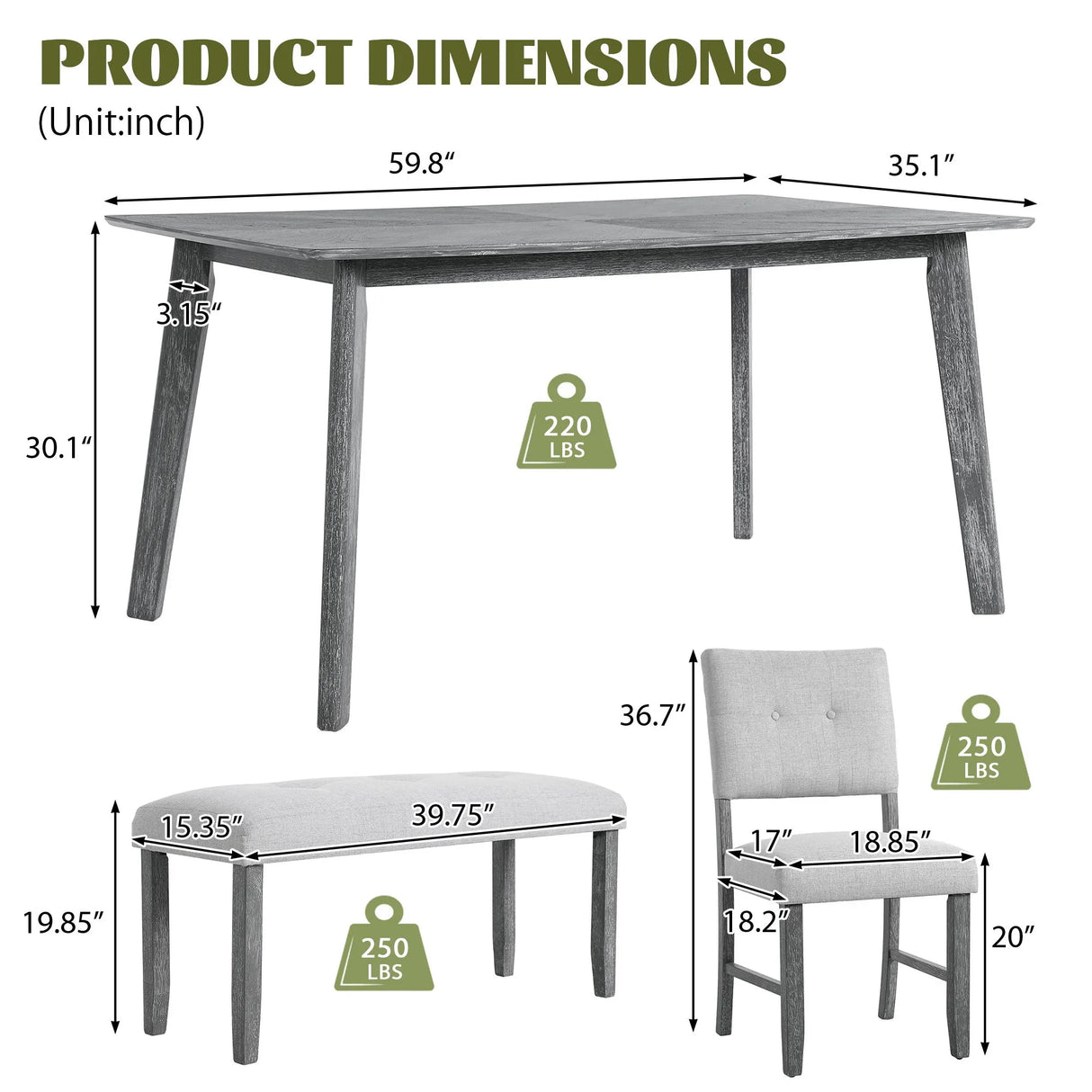 Rustic Farmhouse Dining Room Rectangular Table With 4 Upholstered Chairs And Bench - Furniture Home Direct