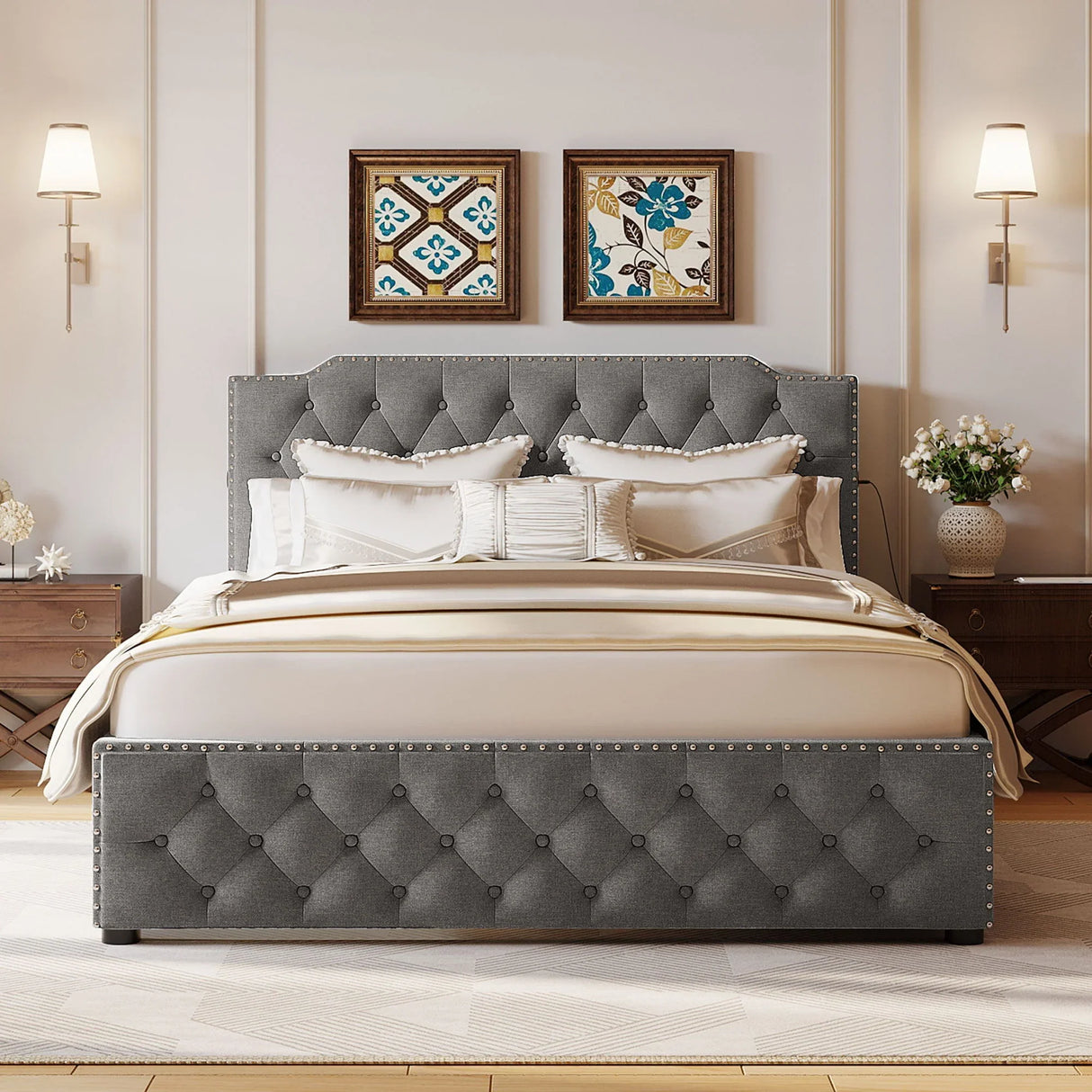 Upholstered Platform Bed With 2 Drawers And 2 Sets Of USB Ports On Each Side, Linen Fabric - Furniture Home Direct