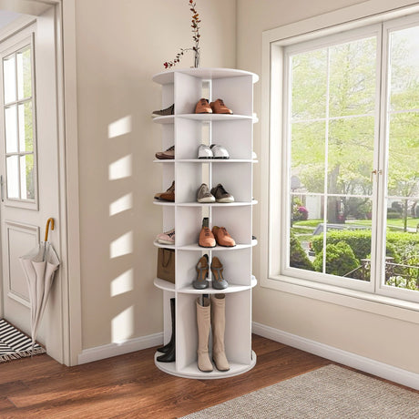 6 Tier Spinning Shoe Rack, Free Standing 360° Revolving Shoe Organizer - White - Furniture Home Direct