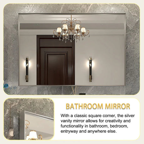 Glossy Framed Mirror For Bathroom Rectangular Wall Bathroom Mirror Metal Frame Farmhouse Mirror Large Decorative Square Corner Rectangle Mirror (Horizontal & Vertical) - Brushed Silver - Furniture Home Direct