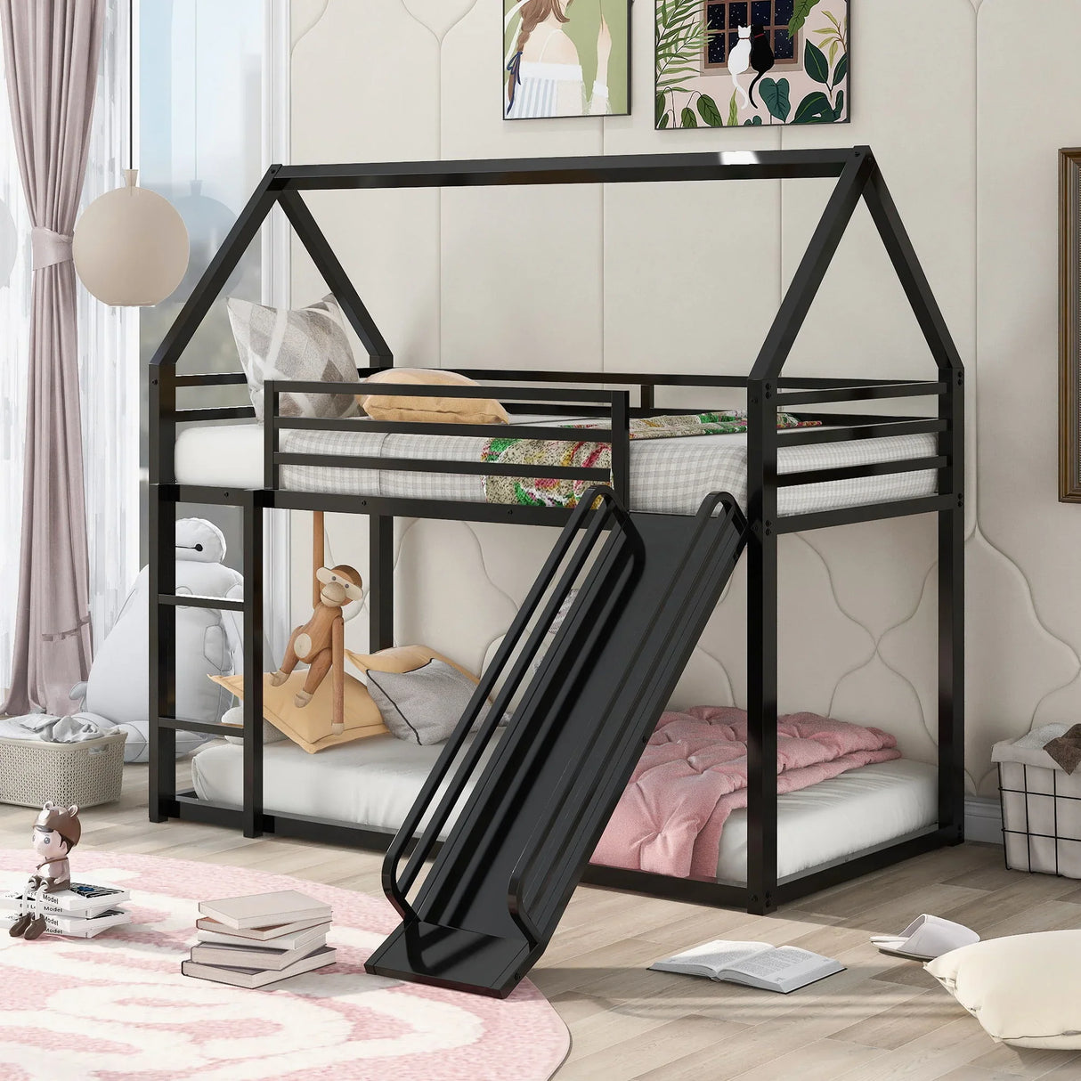Twin Over Twin House Bunk Bed With Ladder And Slide - Furniture Home Direct