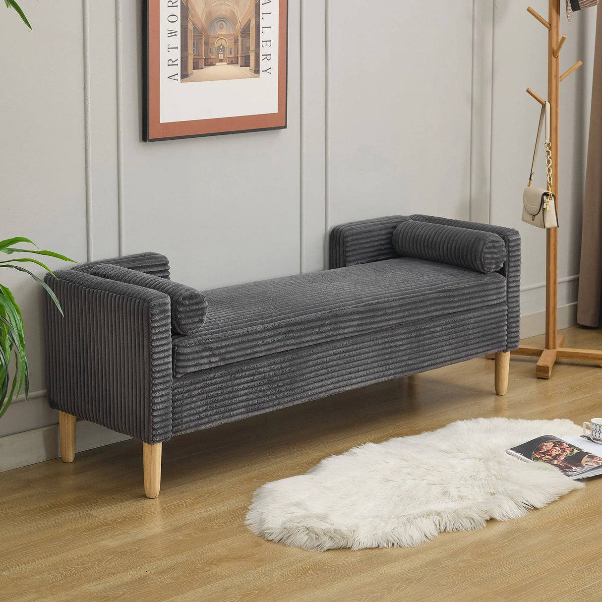Wide Corduroy Storage Soft Bench With Armrests, Backrest And Two Bolster Pillows - Furniture Home Direct