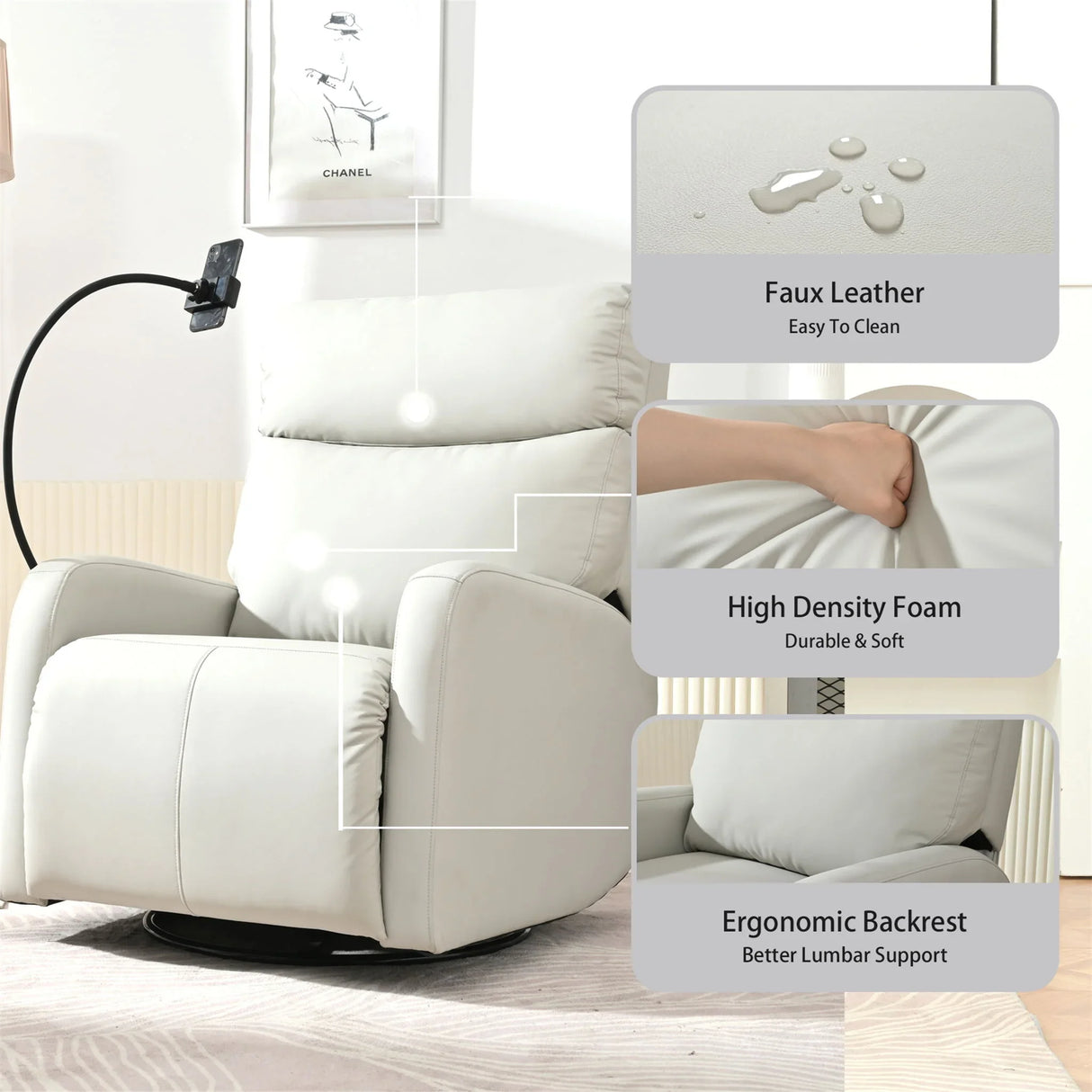 Rocking Recliner Chair, 360 Degree Swivel Nursery Rocking Chair, Glider Chair, Modern Small Rocking Swivel Recliner Chair For Bedroom, Living Room Chair Home Theater Seat, Phone Holder - Light Gray - Furniture Home Direct