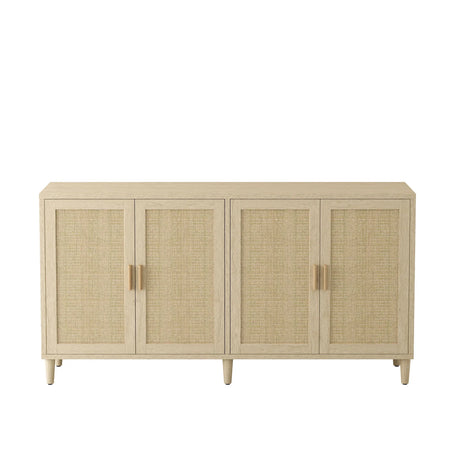 Rattan Buffet Cabinet With Storage, 4 Door Sideboard, Adjustable Shelves - Natural - Furniture Home Direct