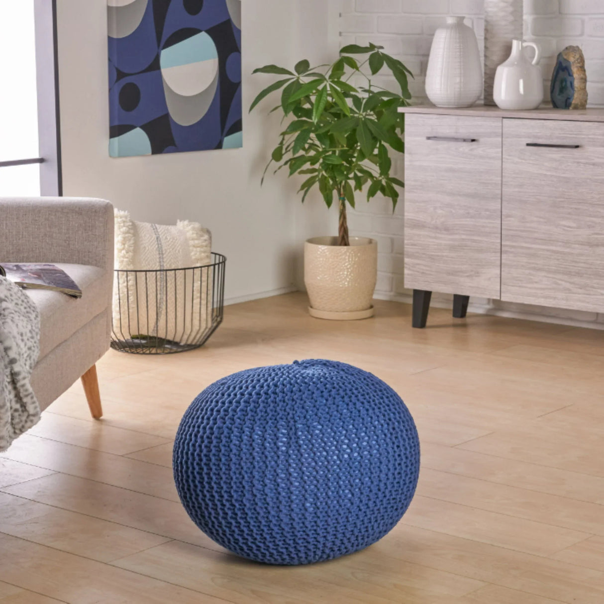 Bordeaux - Knitted Cotton Round Pouf, Versatile Ottoman And Floor Cushion - Furniture Home Direct