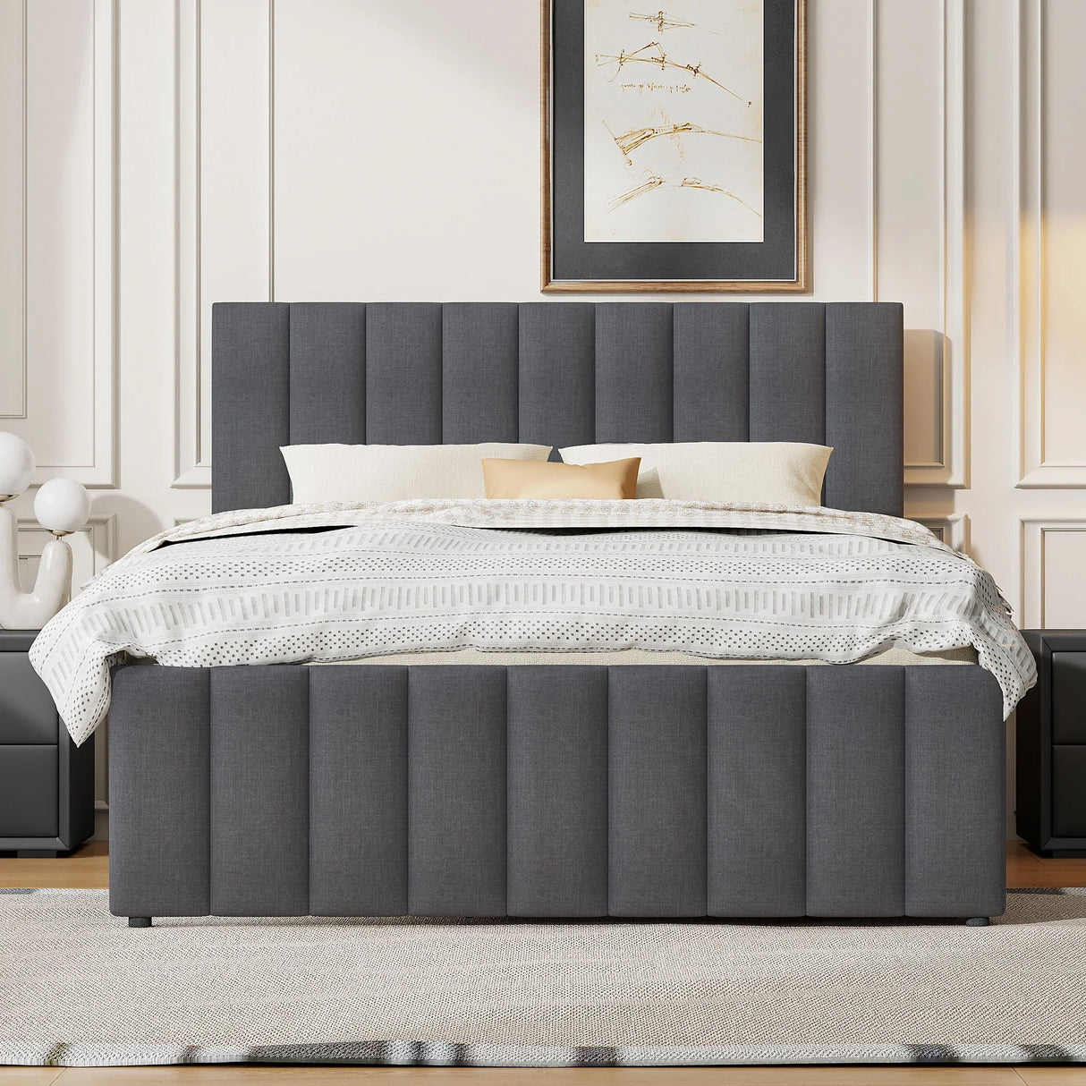 Upholstered Platform Bed With Twin Size Trundle And 3 Drawers - Furniture Home Direct