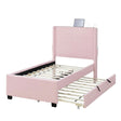 Twin Size Upholstered Bed Frame With Trundle Bed, Teddy Fabric, USB Functionality, And A Pocket Design On The Side Of The Headboard For Storing Small Items - Baby Pink - Furniture Home Direct