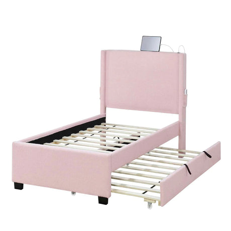 Twin Size Upholstered Bed Frame With Trundle Bed, Teddy Fabric, USB Functionality, And A Pocket Design On The Side Of The Headboard For Storing Small Items - Baby Pink - Furniture Home Direct