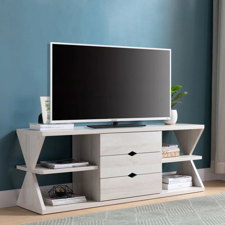 Modern TV Stand With Four Open Shelves And Three Storage Drawers - White Oak - Furniture Home Direct