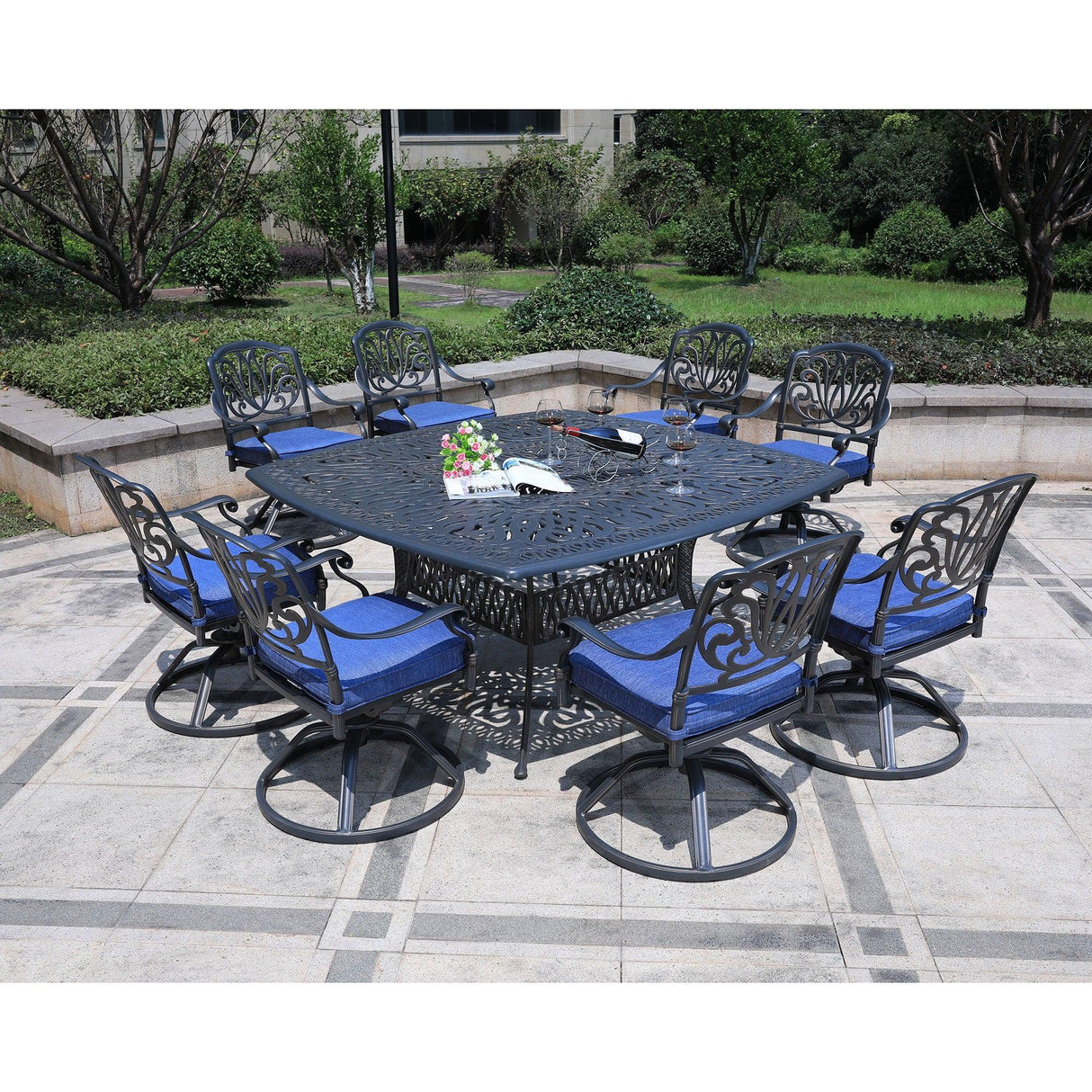 Square 8 Person 64" Long Aluminum Dining Set With Cushions - Furniture Home Direct