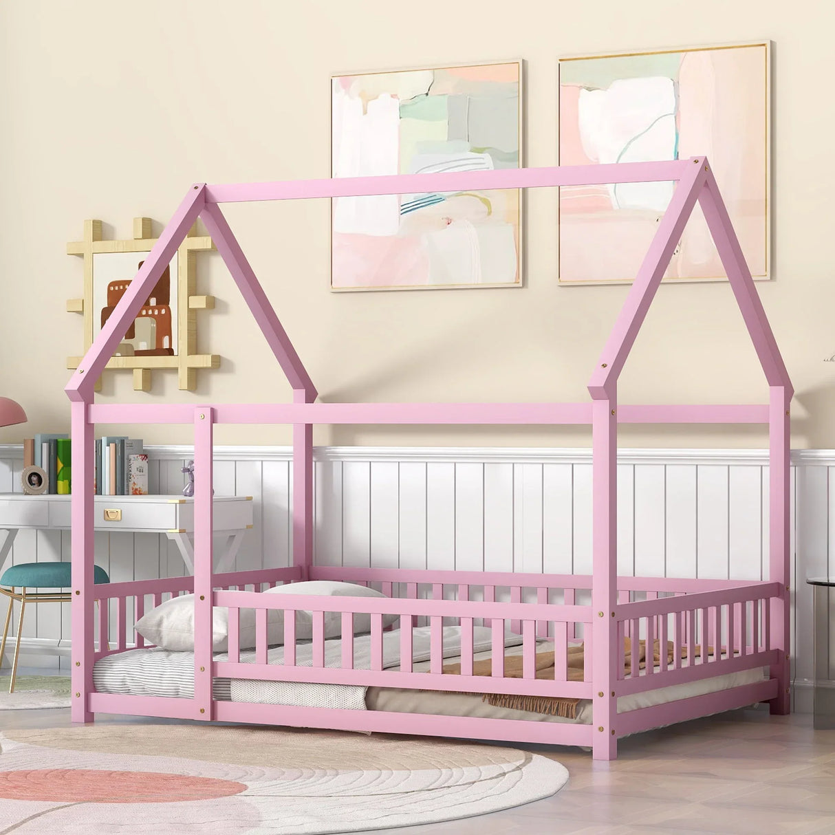 Floor Wooden Bed With House Roof Frame, Fence Guardrails - Furniture Home Direct