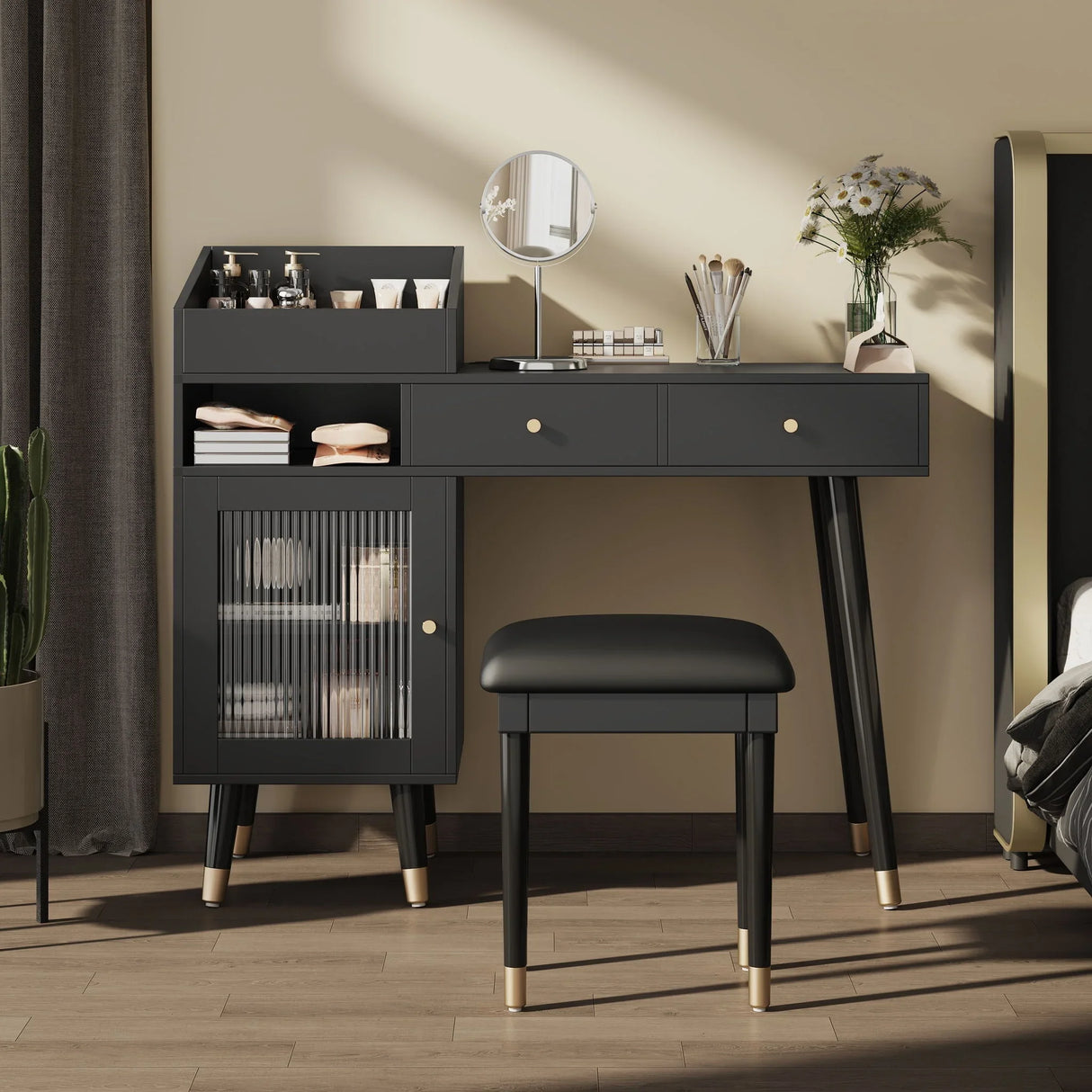Modern Makeup Vanity Desk With Drawers Cabinet & Charging Port Engineered Wood Space Saving Design For Small Places - Black - Furniture Home Direct