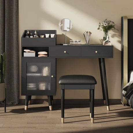 Modern Makeup Vanity Desk With Drawers Cabinet & Charging Port Engineered Wood Space Saving Design For Small Places - Black - Furniture Home Direct
