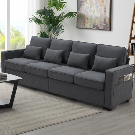 4 Seater Modern Linen Sofa With Armrest Pockets And 4 Pillows, Minimalist Style Couch For Living Room - Furniture Home Direct