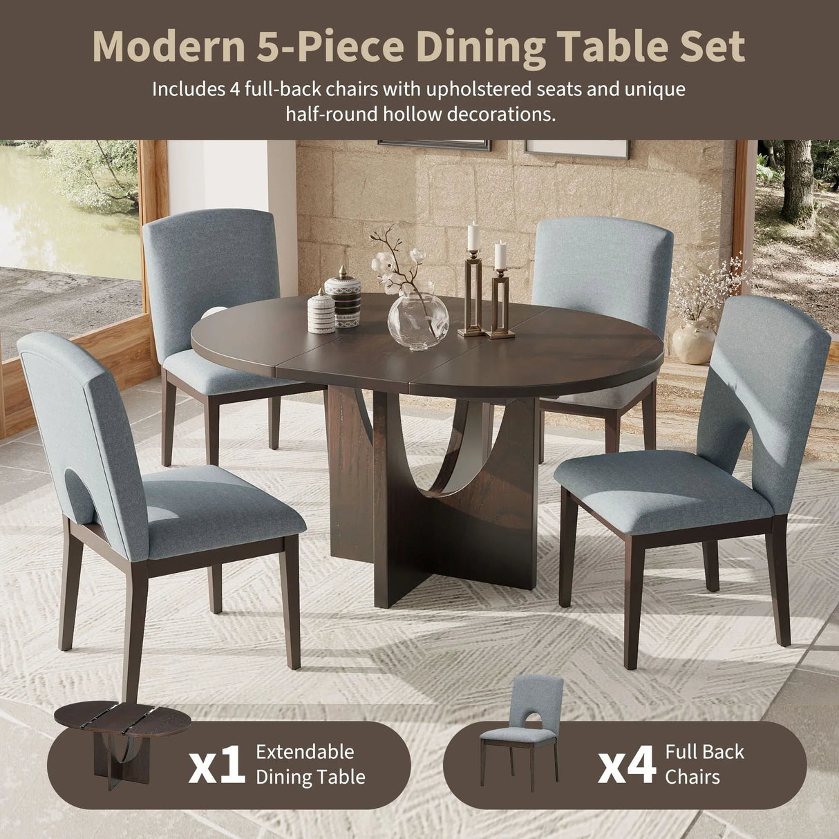 Topmax - 5 Piece Modern Extendable Round Dining Table Set With Removable Leaf For Small Places - Furniture Home Direct
