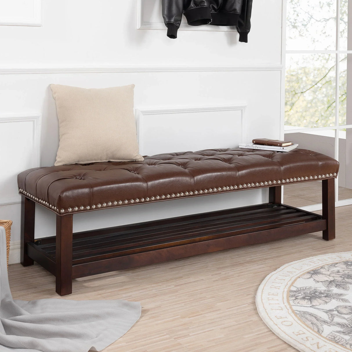 Bedroom End Of Bed Bench Tufted Upholstered End Of Bed Bench End Of Bed Entrance Shoe Bench With Nailhead Trim And Shelf Bedroom Upholstered Leather Bench Living Room Shoe Rack Footstool - Furniture Home Direct