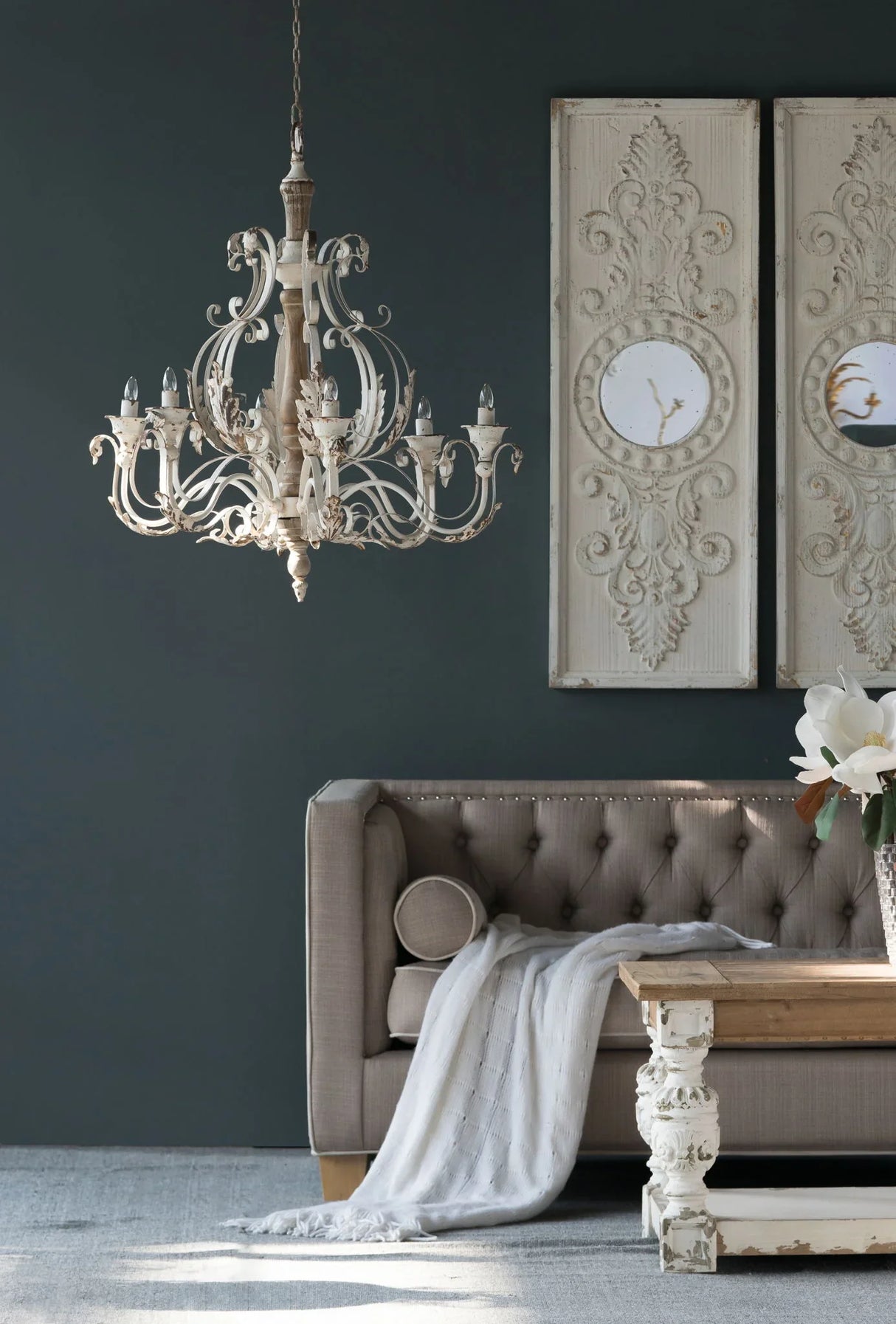 Large Wooden Wall Art Panels With Distressed Round Mirror Accents (Set of 2) - White - Furniture Home Direct