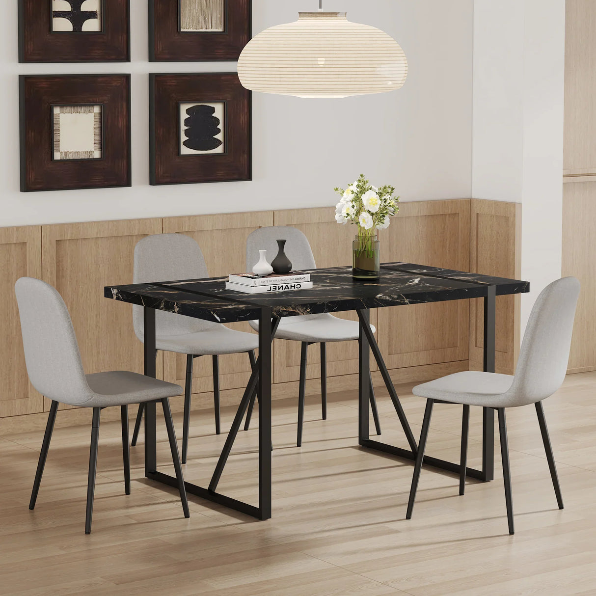 Dining Set Black Marble Top With Linen Chairs Gray - Furniture Home Direct