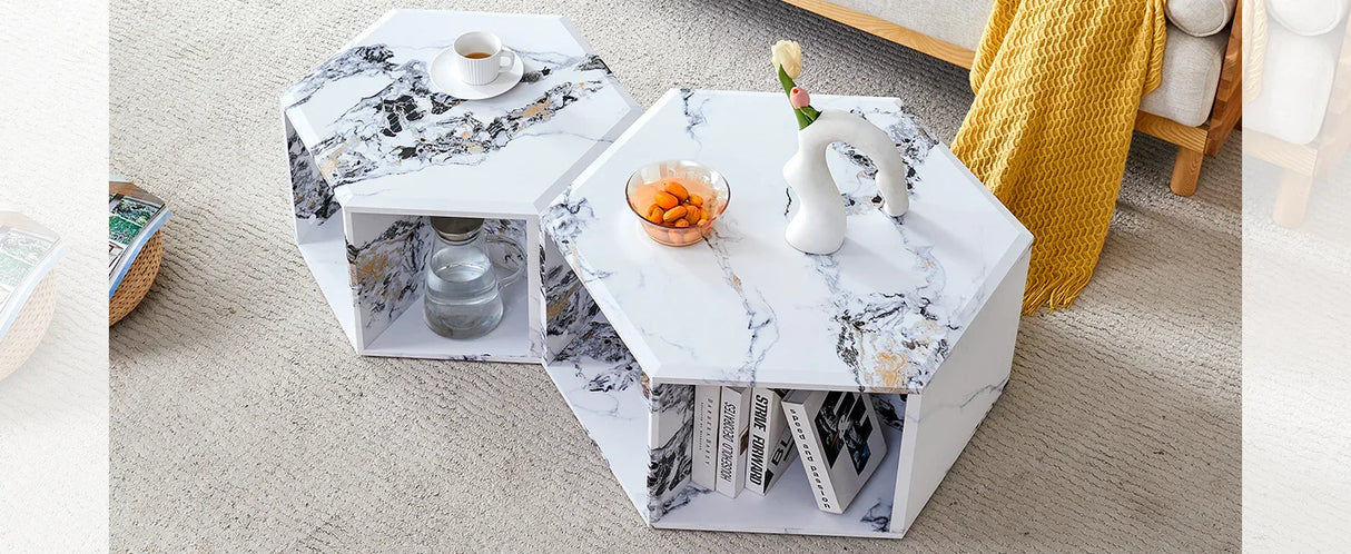 Coffee Table Set Hexagonal Marble Elegant Minimal White - Furniture Home Direct