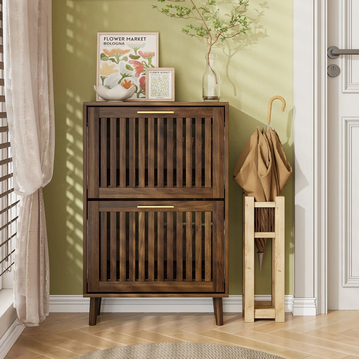 Medieval Modern Shoe Cabinet With 2 Flip Drawers And Fence Design - Furniture Home Direct