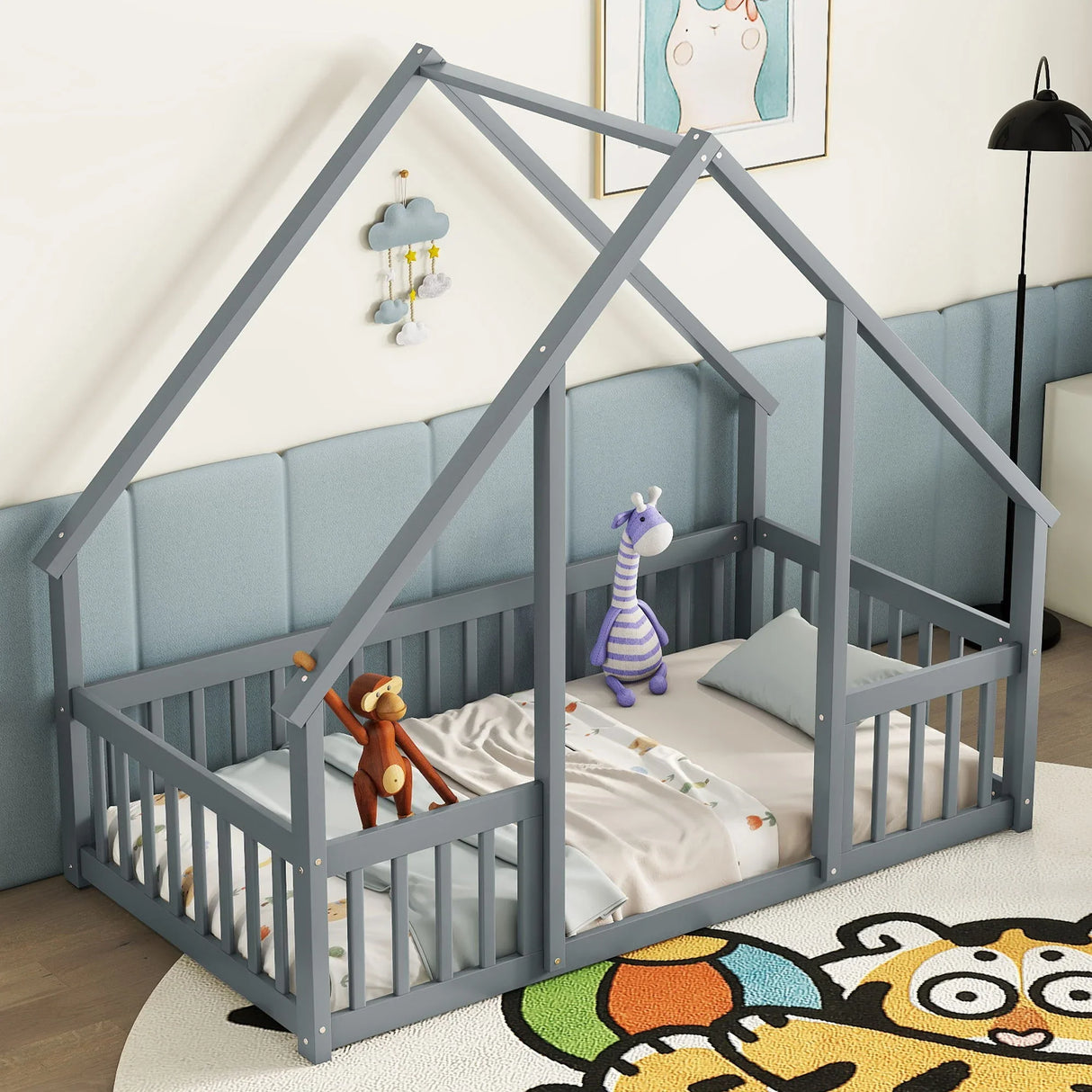 Wood House-Shaped Floor Bed With Fence, Guardrails - Furniture Home Direct