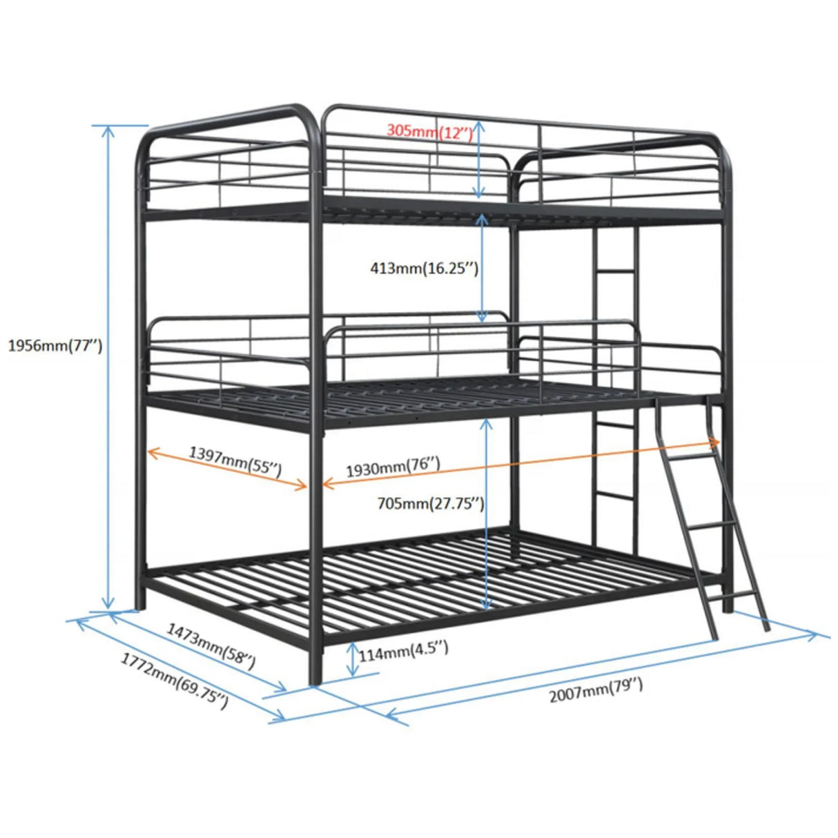 Triple Bunk Bed, Full Size With Sturdy Metal Frame And Safe Stairs - Black - Furniture Home Direct