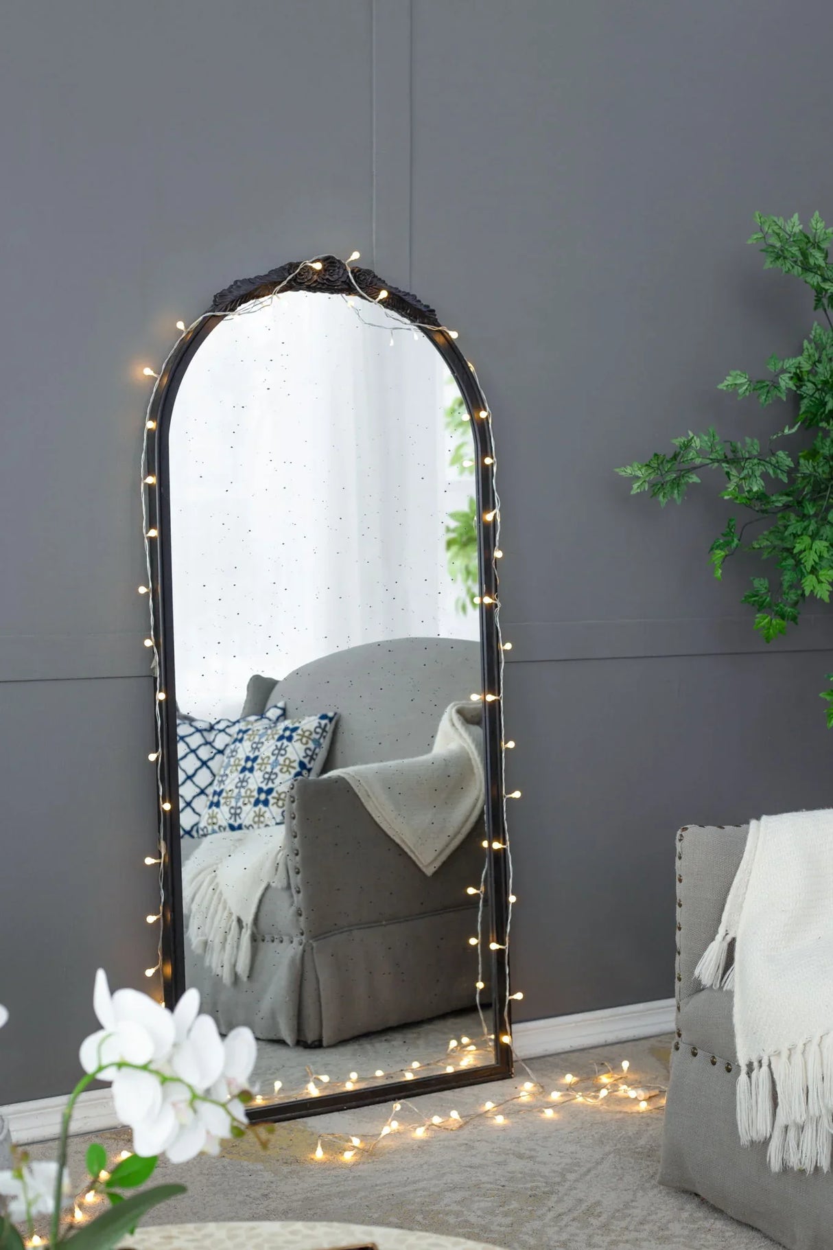 Hand Carved Rose Antique Mirror Frame, Wood Arch Mirror Wall Decor For Living Room - Furniture Home Direct