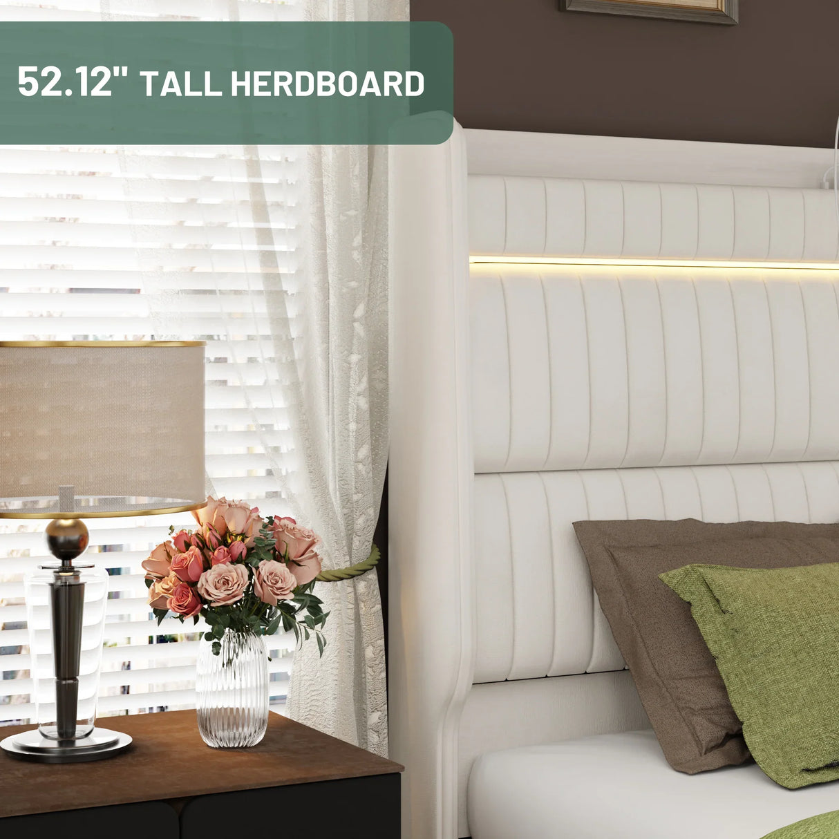 Queen Bed Upholstered With LED Lighting Headboard Beige - Furniture Home Direct