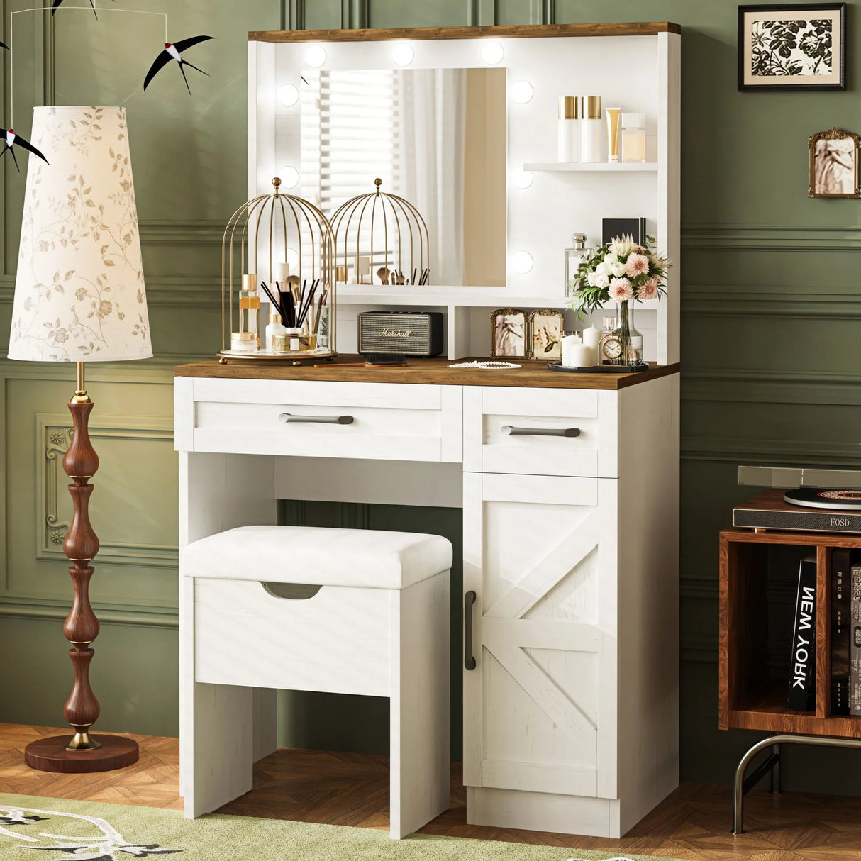 Farmhouse Makeup Vanity Desk With Mirror And Lights, 3 Lighting Modes, Vanity Set With Stool, Dressing Table With Adjustable Shelves, 2 Drawers And Side Cabinet For Bedroom - White