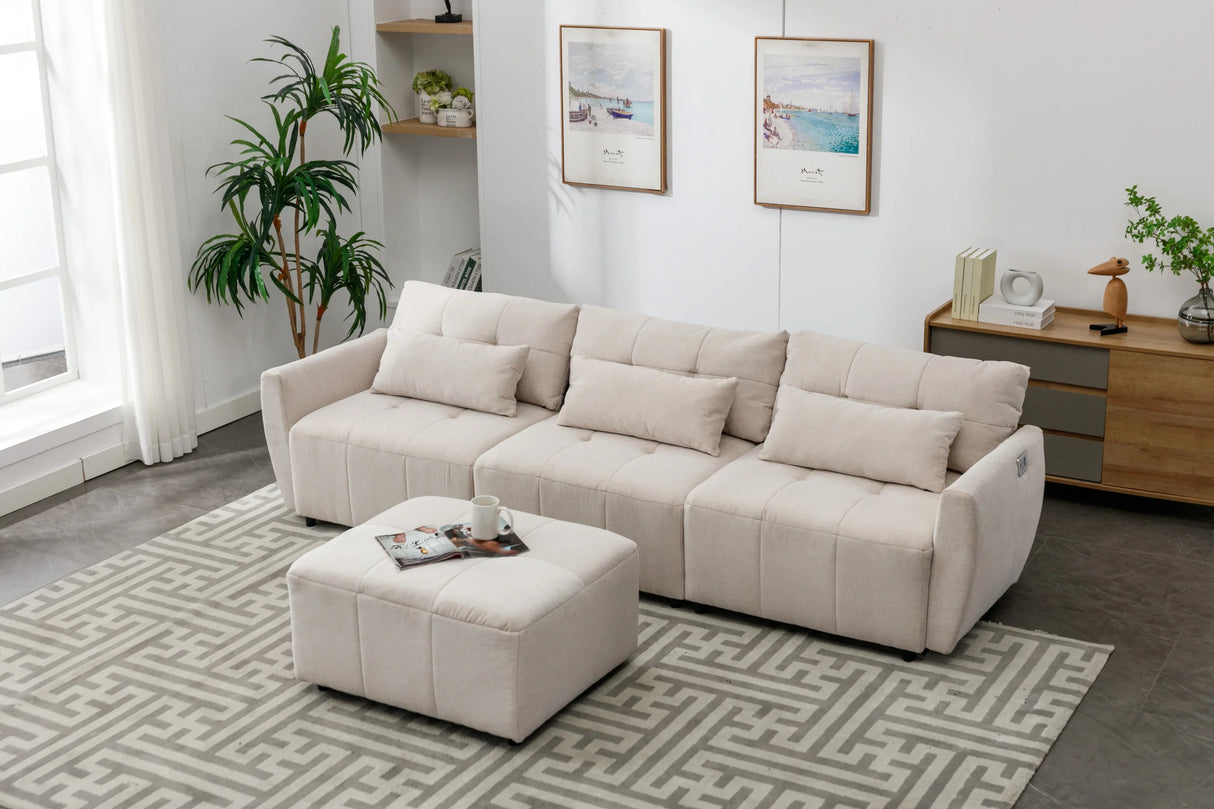 113.3 Modular Sectional With Ottoman And USB C Ports Beige - Furniture Home Direct