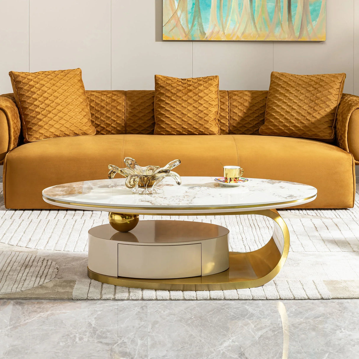 Modern Coffee Table Thick Sintered Stone Top With 2 Drawers Matt Stainless Steel Base - Gold - Furniture Home Direct