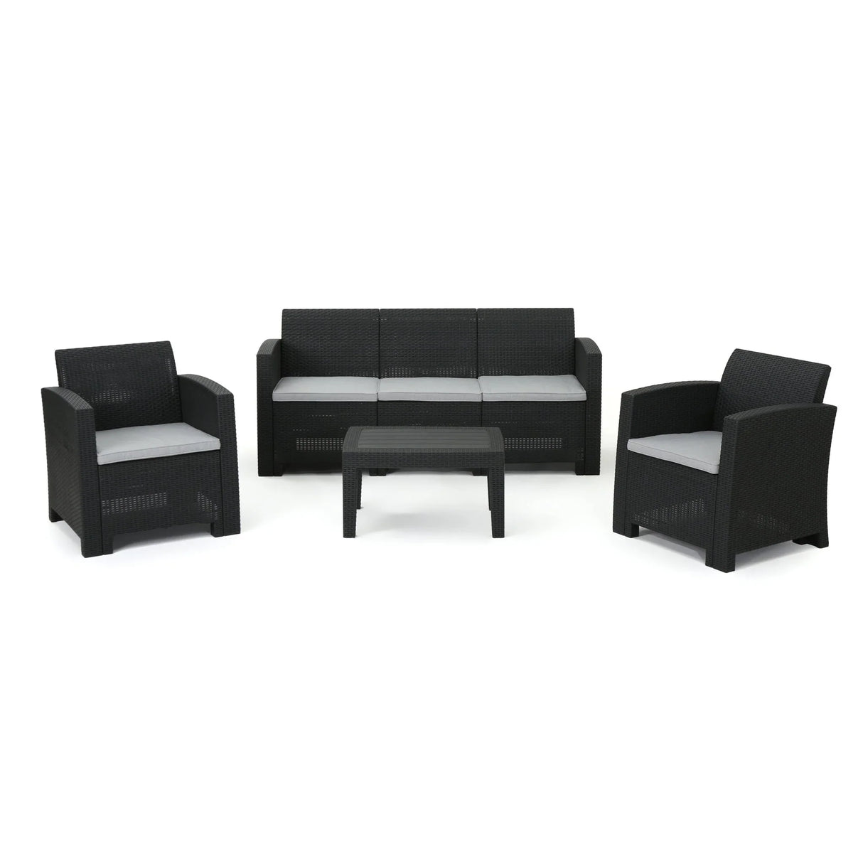 Velvora - Outdoor Wicker Set With 3 Seater Sofa, 2 Club Chairs, Coffee Table And Cushions - Brown