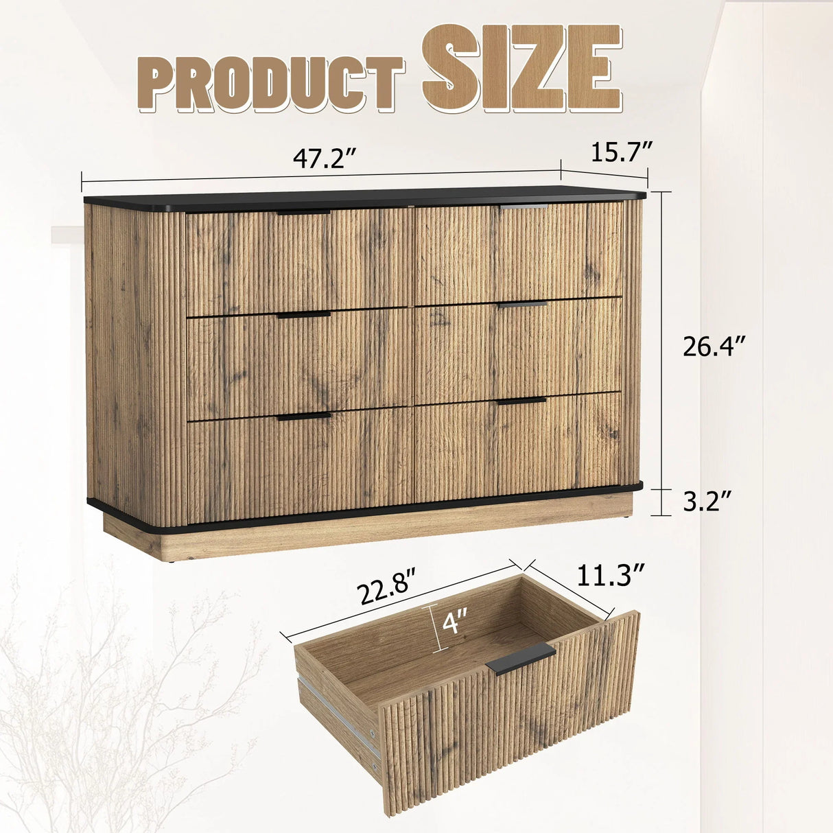 Modern 6 Drawer Cabinet With Metal Rounded Corners And Exquisite Handles Multi Functional Storage - Natural Wood - Furniture Home Direct