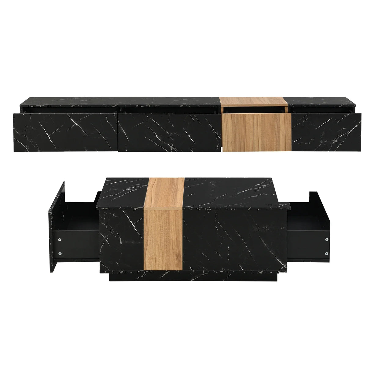 TV Stand Modern Marble Look With Wood Accent Black - Furniture Home Direct