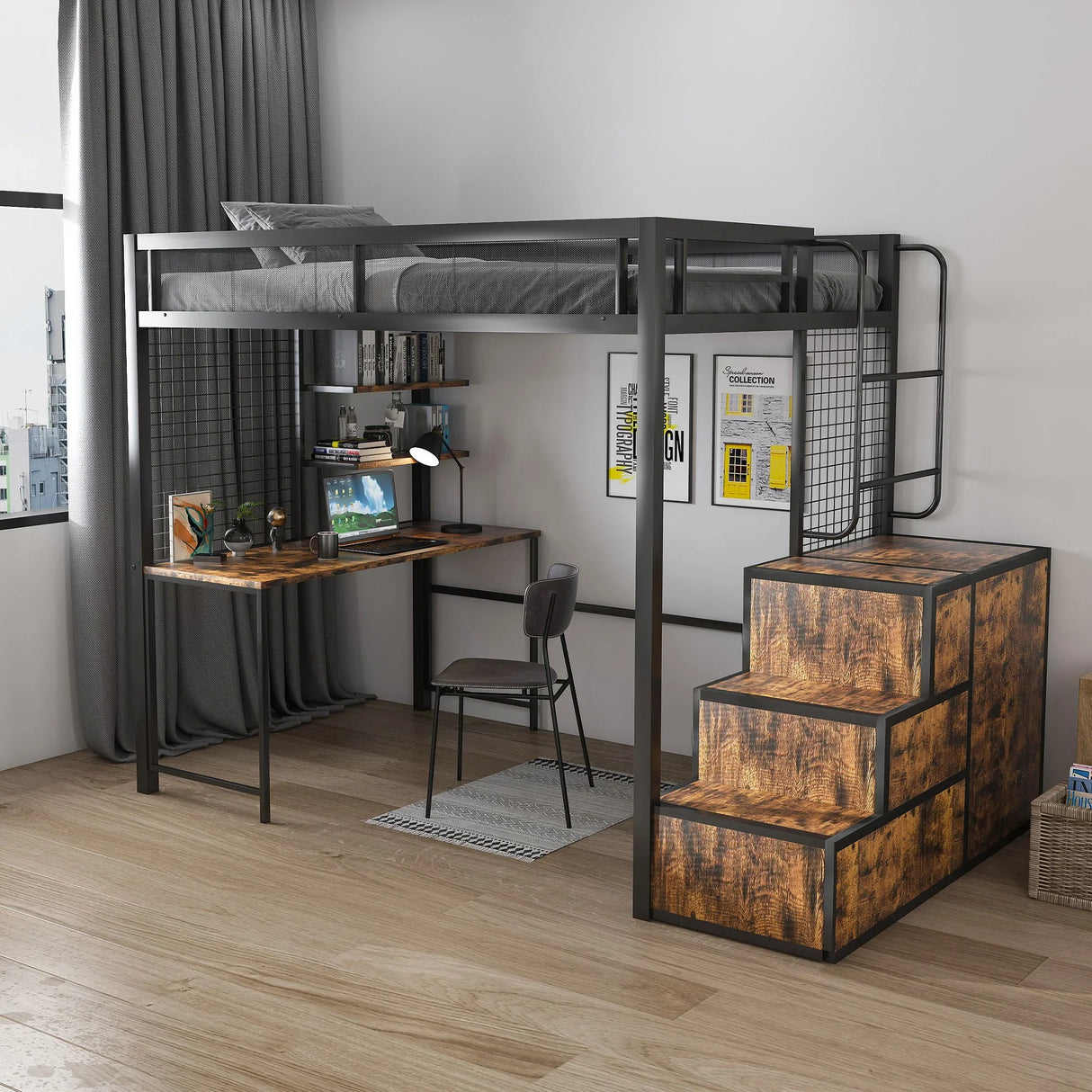 Heavy Duty Full Loft Bed With Desk & USB Charging Metal Frame With Storage Drawers And Staircase - Black - Furniture Home Direct