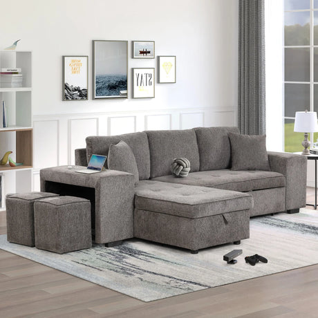 Modern L-Shape 3 Seat Reversible Sectional Couch, Pull Out Sleeper Sofa With Storage Chaise And 2 Stools For Living Room Furniture Set - Furniture Home Direct