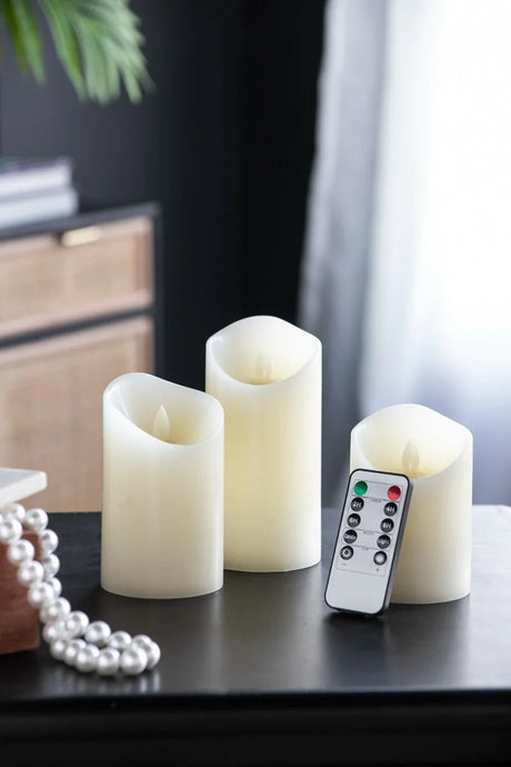 Flickering LED Candles With Remote Timer (Set of 3) - Ivory - Furniture Home Direct