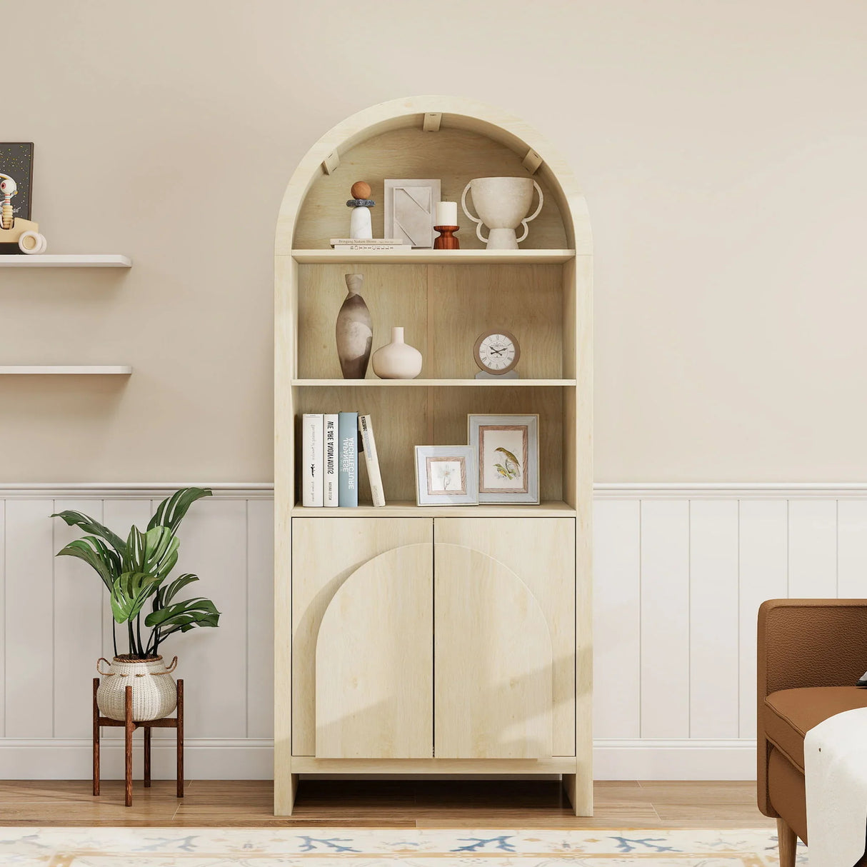 Arched Kitchen Pantry, Modern Farmhouse Wood Kitchen Storage Cabinets, Arched Storage Display Cabinet With Adjustable Shelves, Versatile Cupboard For Kitchen, Dining Room - Natural - Furniture Home Direct
