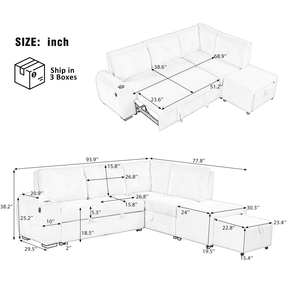 Pull-Out L-Shaped Sectional Sofa With Movable Ottoman And Stool, Large Storage Space, A Cup Holder, And 2 USB Ports For Living Room - Furniture Home Direct