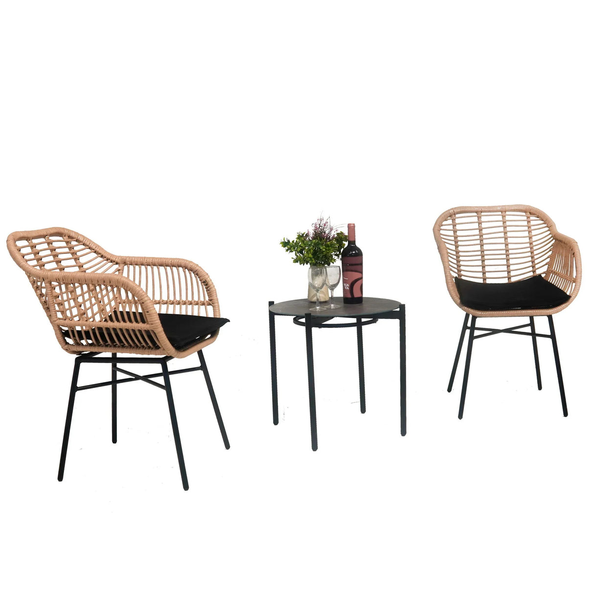 3 Pieces Of Luxury Outdoor Wicker Furniture, Patio Bistro Style Table And Chair Combination, Weather Resistant PE Wicker Weave, Suitable For Garden - Black / Natural - Furniture Home Direct