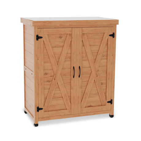 Rustic Cedar Potting Bench With Storage Cabinet And Metal Table Top For Outdoor Patio - Light Brown - Furniture Home Direct