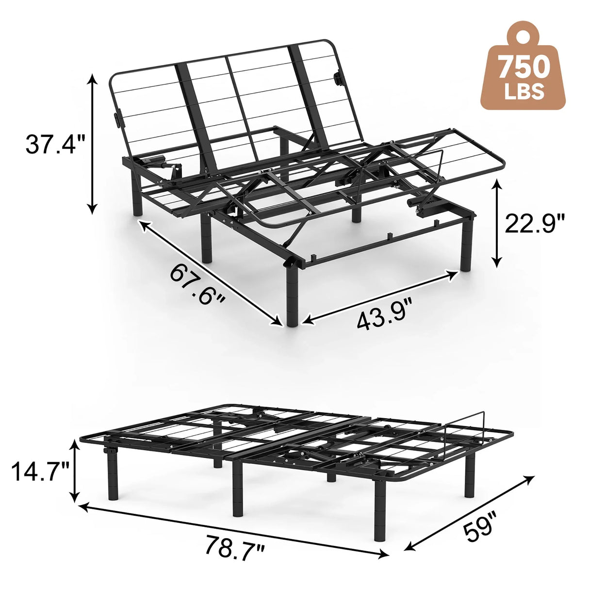 Zero Clearance Adjustable Bed Base Frame With Quiet Motor And Dual USB Ports, Queen Size - Black - Furniture Home Direct