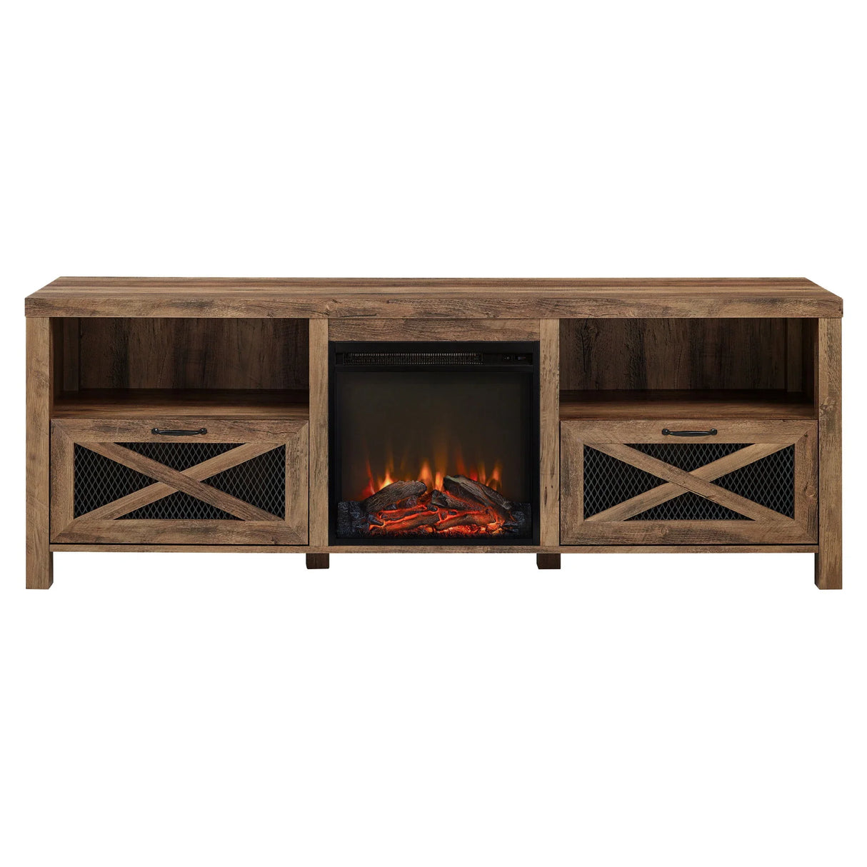 Industrial Farmhouse Metal Mesh Drop Down X Door Fireplace TV Stand - Furniture Home Direct