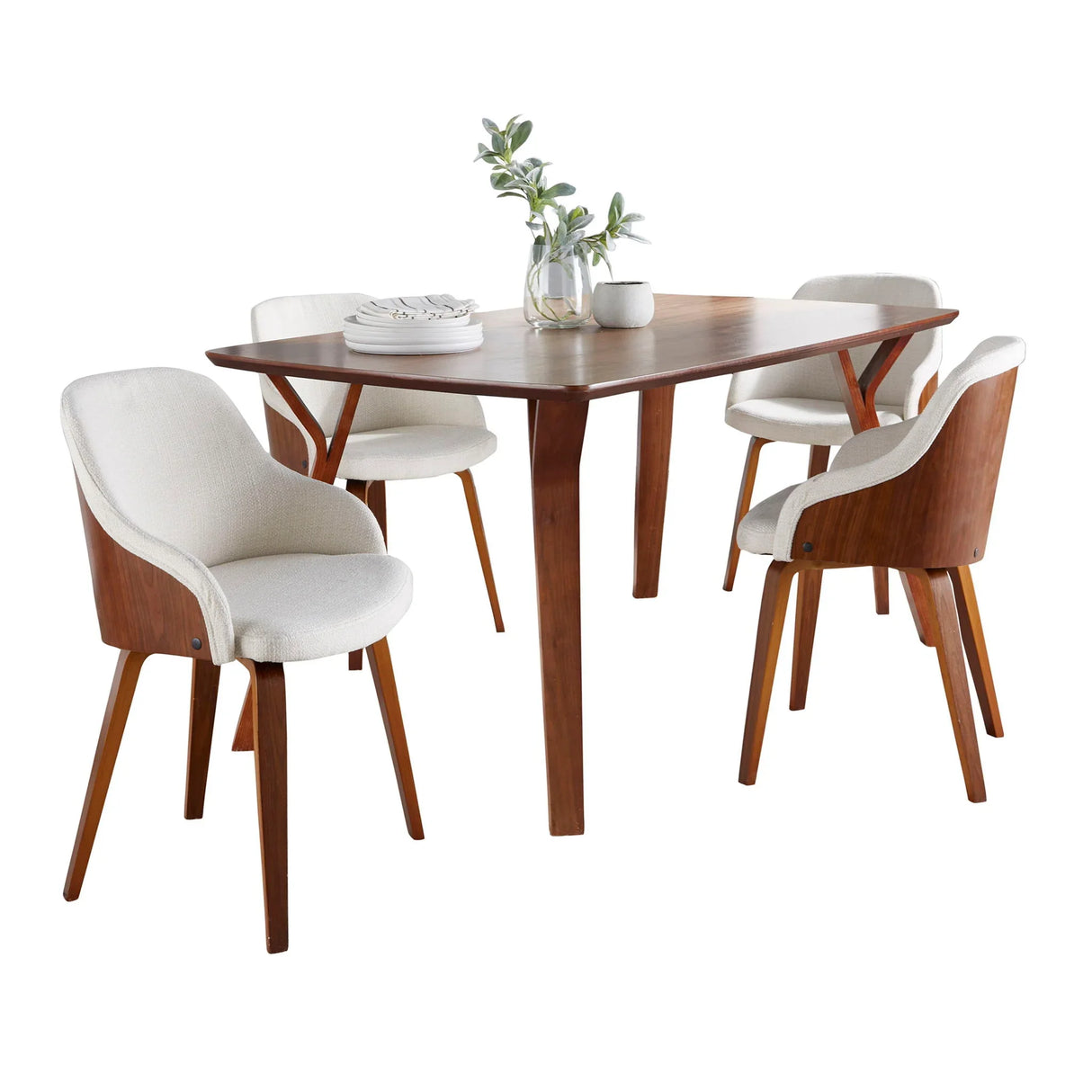 Folia Bacci - 5 Piece Mid-Century Modern Dining Set - Walnut / Cream - Furniture Home Direct