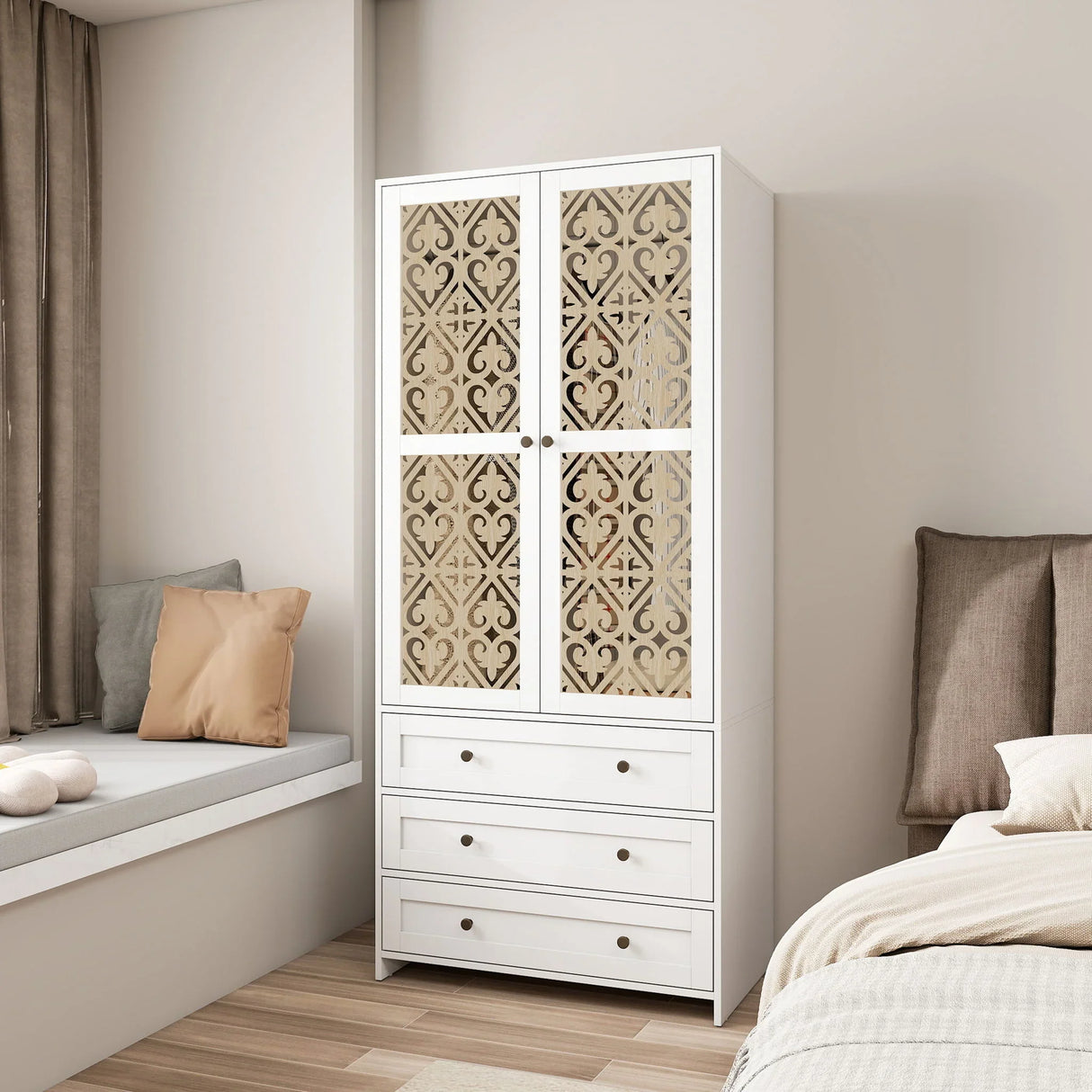 Hollow Pattern 2 Door 3 Drawer Wardrobe, The Collision Of Wood Color, Suitable For Bedrooms And Dressing Rooms - White - Furniture Home Direct