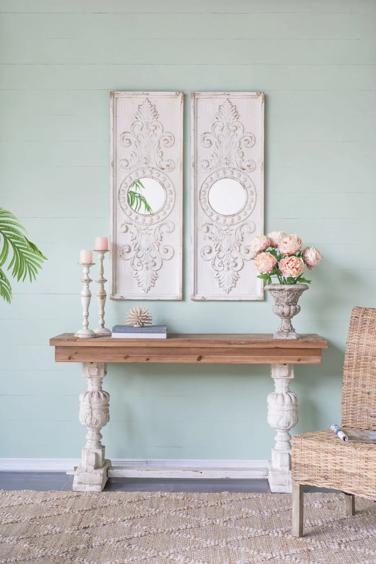 Large Wooden Wall Art Panels With Distressed Round Mirror Accents (Set of 2) - White - Furniture Home Direct