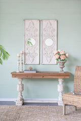 Large Wooden Wall Art Panels With Distressed Round Mirror Accents (Set of 2) - White - Furniture Home Direct