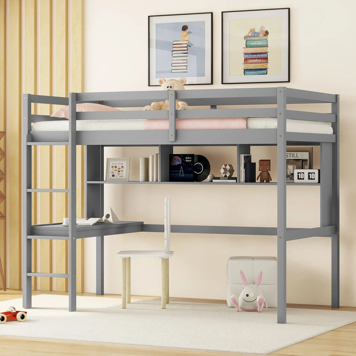 Loft Bed With Desk And Shelves, Safety Guardrail And Ladder - Furniture Home Direct