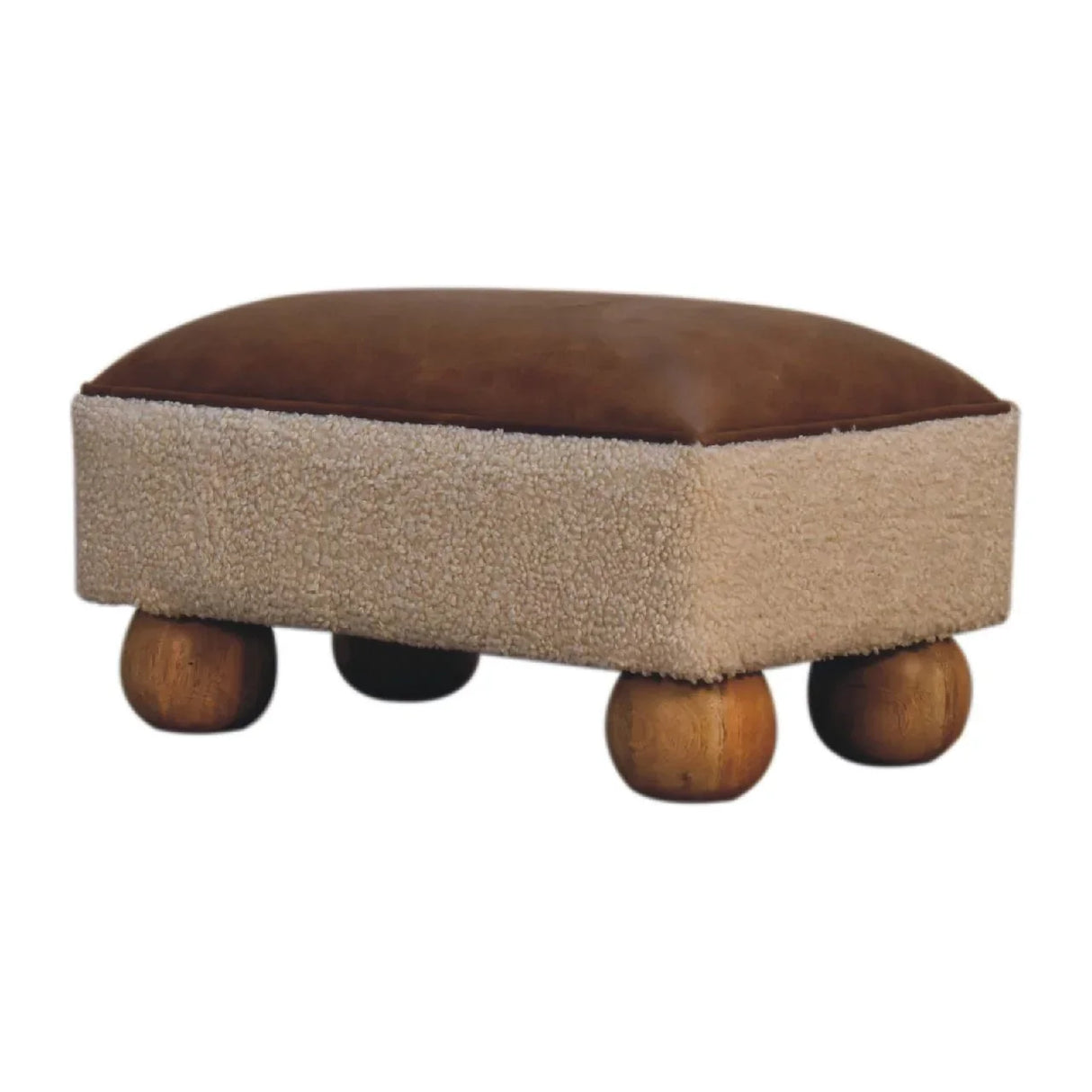 Vintage Leather Boucle Ball Footstool - Brown - Furniture Home Direct